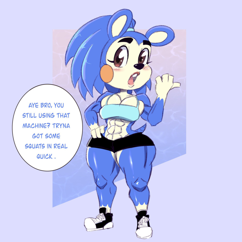 abs animal_crossing anthro big_breasts black_bottomwear black_clothing black_footwear black_shoes black_shorts blue_background blue_body blue_clothing blue_fur blue_topwear blush blush_lines bottomwear breasts brown_eyes clothing dialogue dipstick_limbs eulipotyphlan eyelashes female footwear fur hair hand_on_hip hedgehog hi_res looking_at_viewer mabel_able mammal muscular muscular_female navel nintendo open_mouth ponytail purple_background raccoon_sama rosy_cheeks shoes shorts simple_background solo speech_bubble talking_to_viewer tan_body tan_fur text thick_thighs topwear white_clothing white_footwear white_shoes wide_hips