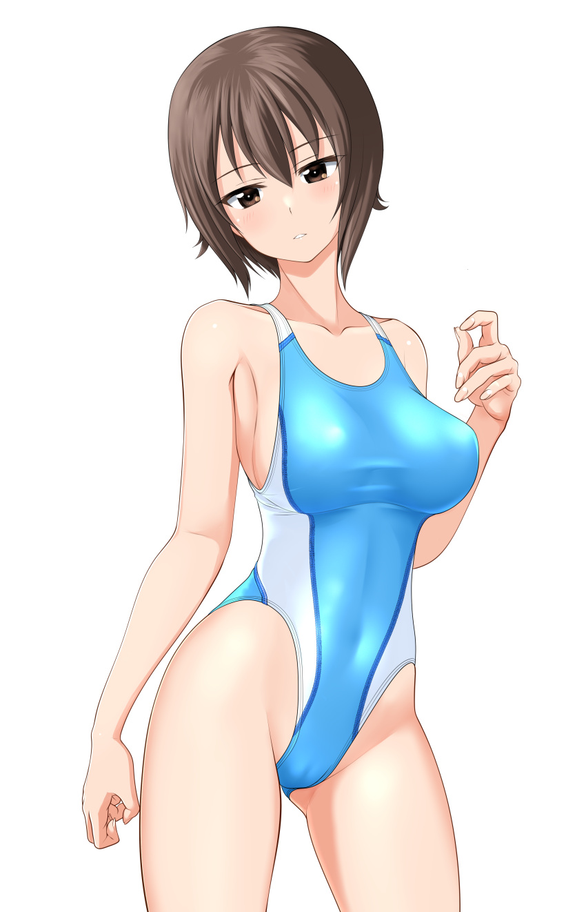 1girl absurdres aqua_one-piece_swimsuit black_eyes breasts brown_eyes cameltoe collarbone commentary_request competition_swimsuit contrapposto covered_navel girls_und_panzer head_out_of_frame highleg highleg_swimsuit highres large_breasts looking_at_viewer medium_breasts nishizumi_maho one-piece_swimsuit short_hair simple_background solo swimsuit takafumi two-tone_swimsuit white_background
