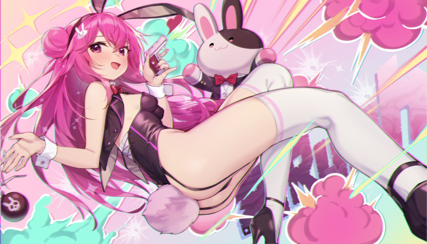 1girl :d absurdres animal_ears ass bare_shoulders black_footwear black_leotard blush bow bowtie breasts closed_mouth fake_animal_ears full_body gun hair_between_eyes hair_bun hair_ornament hairband handgun heart high_heels highres holding holding_gun holding_weapon indie_virtual_youtuber leotard long_hair looking_at_viewer medium_breasts open_mouth pink_eyes pink_hair playboy_bunny purple_eyes rabbit_ears rabbit_hair_ornament rabbit_tail red_bow shennai_misha shoes sleeveless smile solo strapless strapless_leotard stuffed_animal stuffed_rabbit stuffed_toy tail thighhighs thighs very_long_hair virtual_youtuber weapon white_thighhighs wrist_cuffs zrush