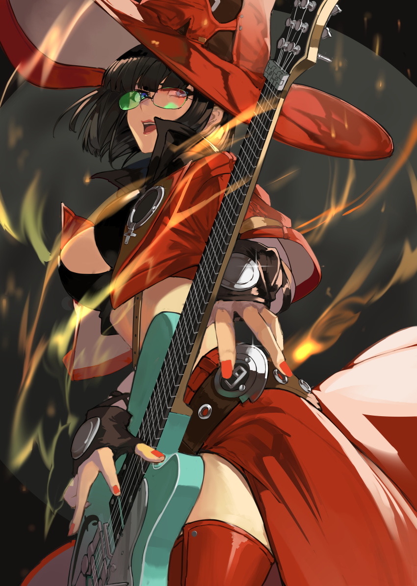 1girl absurdres alwaysregg black_gloves black_hair boots breasts cleavage electric_guitar fingerless_gloves gloves green-tinted_eyewear guilty_gear guilty_gear_strive guitar hat highres i-no instrument large_breasts looking_at_viewer mole mole_above_mouth red_footwear red_headwear red_leather red_lips short_hair sunglasses thigh_boots tinted_eyewear venus_symbol witch_hat