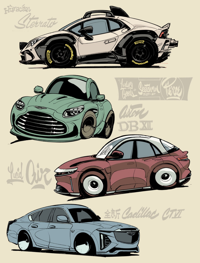 artist_name aston_martin aston_martin_db12 cadillac cadillac_ct6 car chibi english_commentary from_side highres lamborghini lamborghini_huracan lucid_air making-of_available motor_vehicle no_humans original simple_background vehicle_focus vehicle_name will_pierce