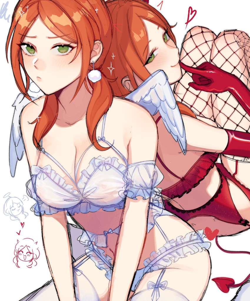 2girls angel angel_wings aoi_hinata aoi_yuta back-to-back bra demon_girl demon_tail earrings ensemble_stars! feathered_wings finger_to_mouth fishnet_thighhighs fishnets genderswap genderswap_(mtf) gloves green_eyes heart highres jewelry lace looking_at_viewer low_twintails lummy_yummy multiple_girls orange_hair panties red_bra red_gloves red_panties siblings sisters tail thighhighs twins twintails underwear white_background white_bra white_panties white_thighhighs wings