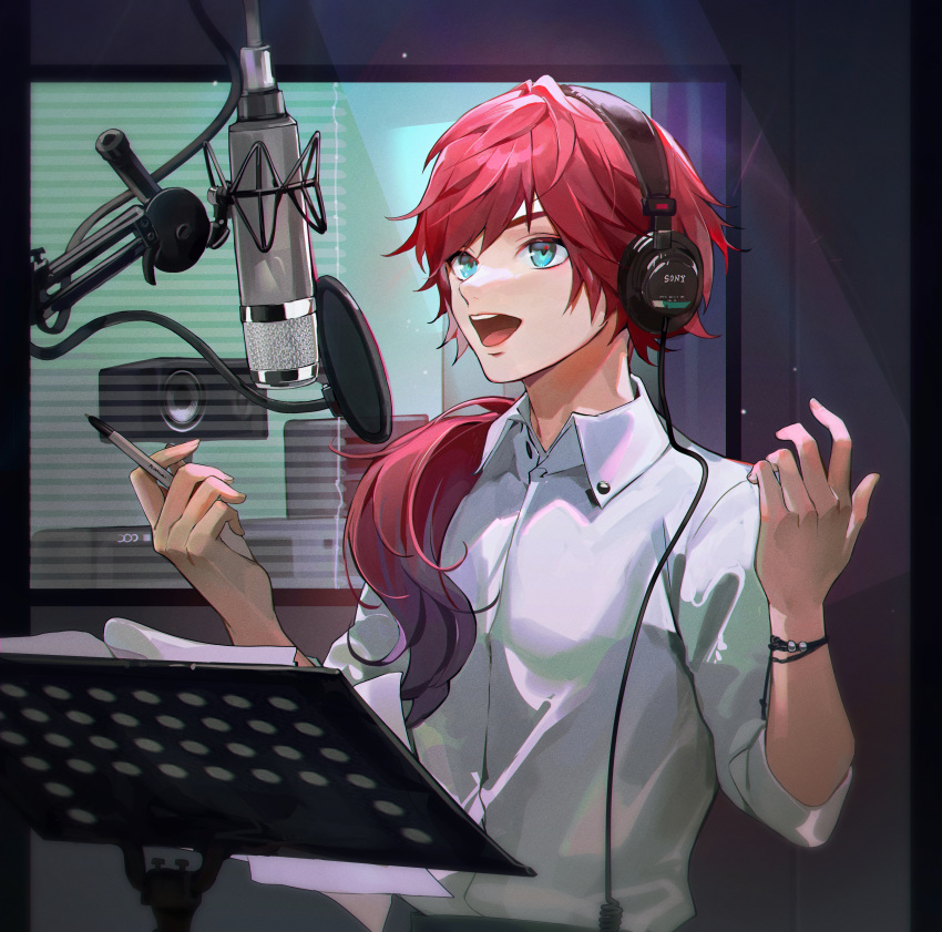 1boy absurdres black_headphones bracelet clip_studio_paint_(medium) collared_shirt green_eyes hair_over_shoulder hands_up highres holding holding_pen jewelry lauren_iroas long_hair looking_ahead looking_up low_ponytail male_focus microphone moko_(moko/moko) music_stand nijisanji open_mouth outside_border paper pen pillarboxed pop_filter recording_studio red_hair shirt sleeves_past_elbows solo studio_microphone teeth upper_body upper_teeth_only virtual_youtuber white_shirt