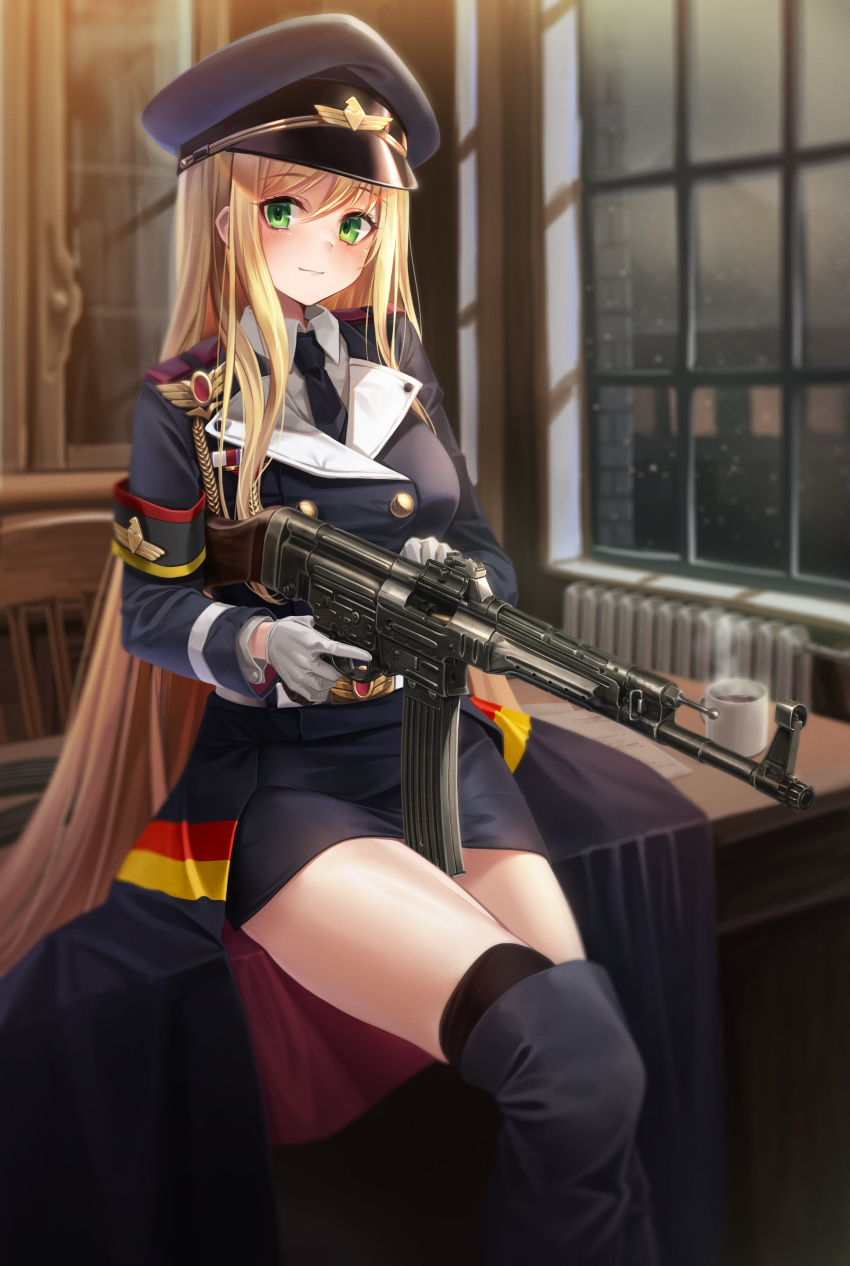 1girl absurdres armband assault_rifle black_necktie blonde_hair blue_jacket blue_skirt breasts buttons commission double-breasted enpera_(jdud8375) german_flag girls'_frontline gloves green_eyes gun highres jacket looking_at_viewer military_uniform necktie pencil_skirt rifle shirt sitting skirt smile solo stg44 stg44_(girls'_frontline) thighs uniform weapon white_gloves white_shirt