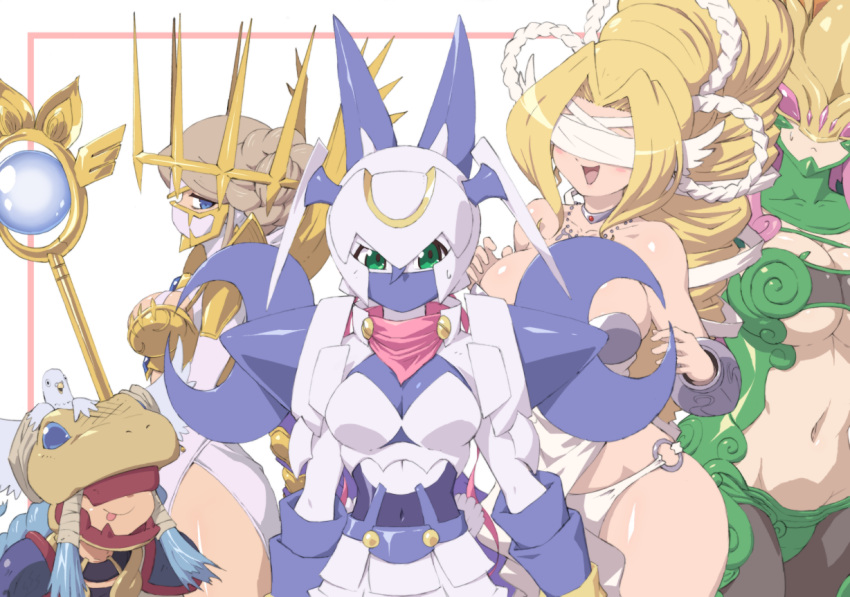 5girls :&lt; :d :p absurdly_long_hair animal_on_head armor bare_shoulders bird bird_on_head black_bodysuit black_tube_top blindfold blonde_hair blue_eyes blue_hair blush_stickers bodystocking bodysuit boobplate braid braided_bun breastplate breasts ceresmon ceresmon_medium choker cleavage closed_mouth collarbone commentary covered_eyes covered_navel cowboy_shot cropped_jacket crown curly_hair dianamon digimon digimon_(creature) double_bun dove dress flat_chest gauntlets green_eyes grey_hair groin hair_between_eyes hair_bun helmet holding holding_staff jacket jewelry junomon large_breasts long_hair looking_at_viewer mask minervamon mouth_mask multiple_girls navel necklace o-ring o-ring_bottom o-ring_panties on_head open_mouth panties parted_bangs pink_hair pink_scarf purple_mask revealing_clothes sasasi scarf see-through_cleavage short_shorts shorts shoulder_armor sidelocks simple_background skirt smile snake_mask staff standing stomach strapless strapless_dress sweat tongue tongue_out tube_top twin_braids underboob underwear vambraces venusmon very_long_hair white_armor white_background white_dove white_dress white_jacket white_mask white_shorts white_skirt wing_ears winged_helmet