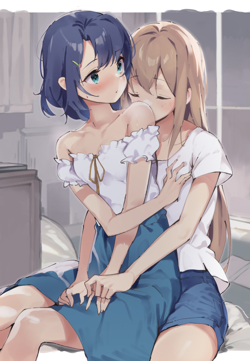 2girls adachi_sakura adachi_to_shimamura bedroom blonde_hair blue_eyes blue_hair blue_skirt cutoff_jeans cutoffs hair_ornament hand_on_another's_chest hand_on_another's_thigh highres hug lamb_(hitsujiniku) light_blush multiple_girls ribbon shimamura_hougetsu shirt simply_detailed_background skirt smelling white_shirt yellow_ribbon yuri