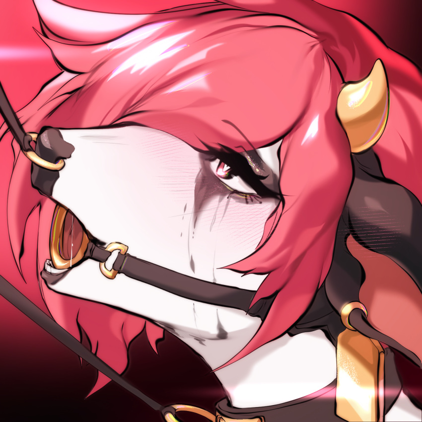 &lt;3 &lt;3_eyes anthro bdsm blush blush_lines bodily_fluids bondage bound bovid bovine cattle close-up collar ear_piercing ear_tag eri_(erimad) facial_piercing female fireflufferz fur gag hair hi_res horn icon mammal nose_piercing nose_ring nose_ring_pull open_mouth piercing piercing_pull red_hair ring_gag ring_piercing running_makeup running_mascara saliva saliva_string solo submissive submissive_female white_body white_fur