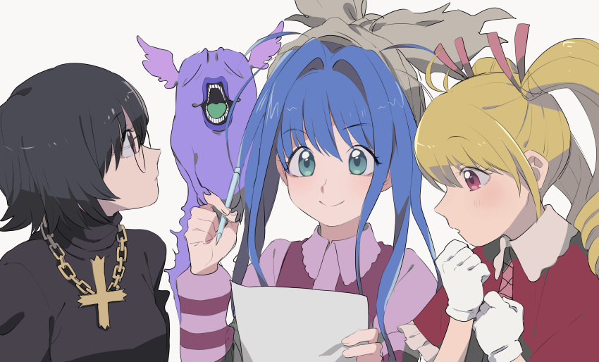 3girls absurdres biscuit_krueger black_hair blonde_hair blue_hair chain_necklace closed_mouth cross cross_necklace glasses gloves highres holding holding_pen hunter_x_hunter jewelry kojirou_(kojirou_sousaku) long_hair monster multiple_girls necklace neon_nostrade open_mouth pen shizuku_murasaki simple_background smile twintails upper_body white_gloves
