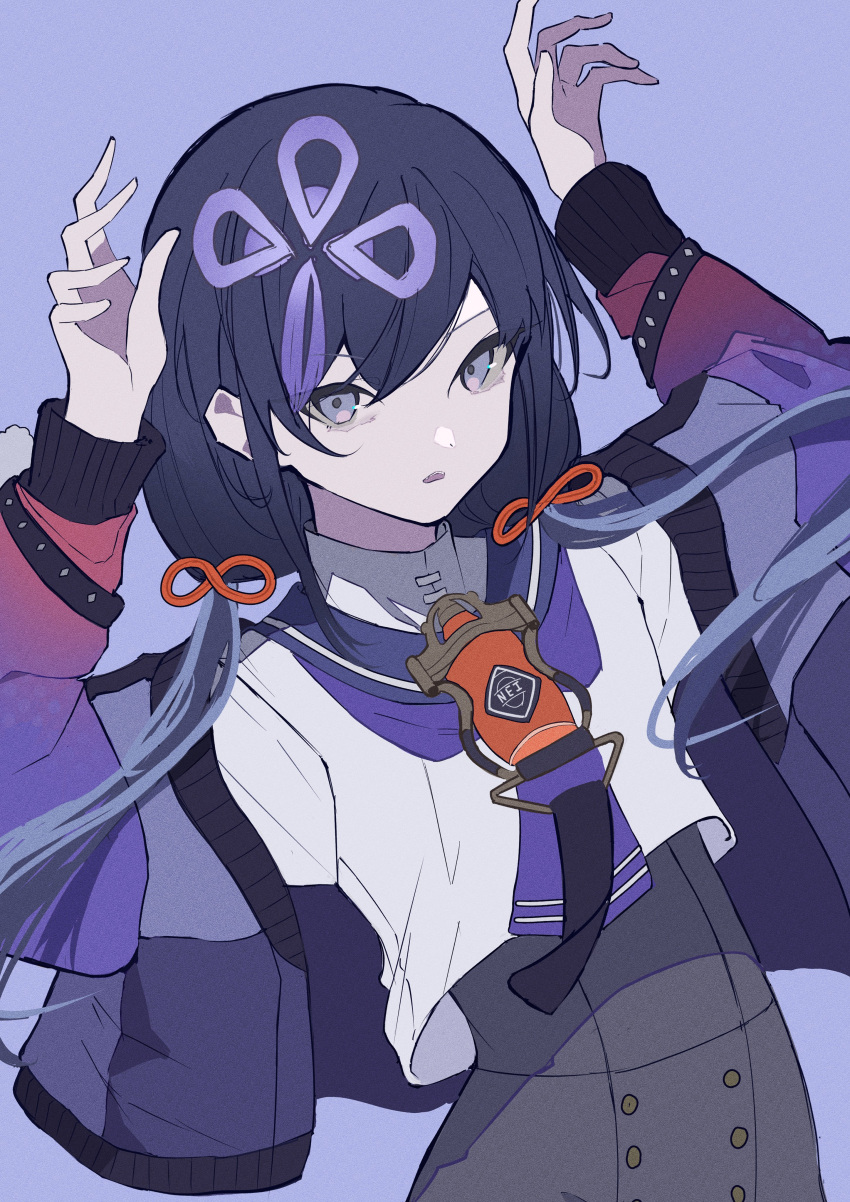1girl absurdres black_hair blue_sailor_collar buttons double-breasted gouyoku_(greeding043) gradient_jacket grey_eyes highres jacket long_hair low_twintails nijisanji ponto_nei ponto_nei_(1st_costume) purple_background purple_jacket sailor_collar simple_background solo swept_bangs twintails virtual_youtuber