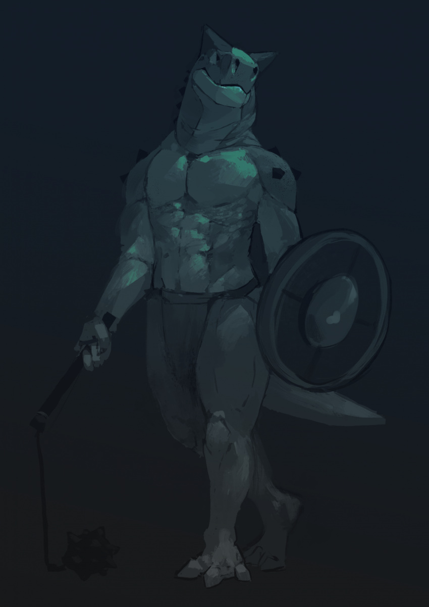 2021 anthro babanasaur babanasaur_(babanasaur) bottomwear clothing digital_media_(artwork) dinosaur flail grey_background hi_res holding_object holding_shield holding_weapon loincloth looking_forward male melee_weapon muscular muscular_anthro muscular_male reptile scalie shield simple_background solo spikes spikes_(anatomy) standing tail weapon