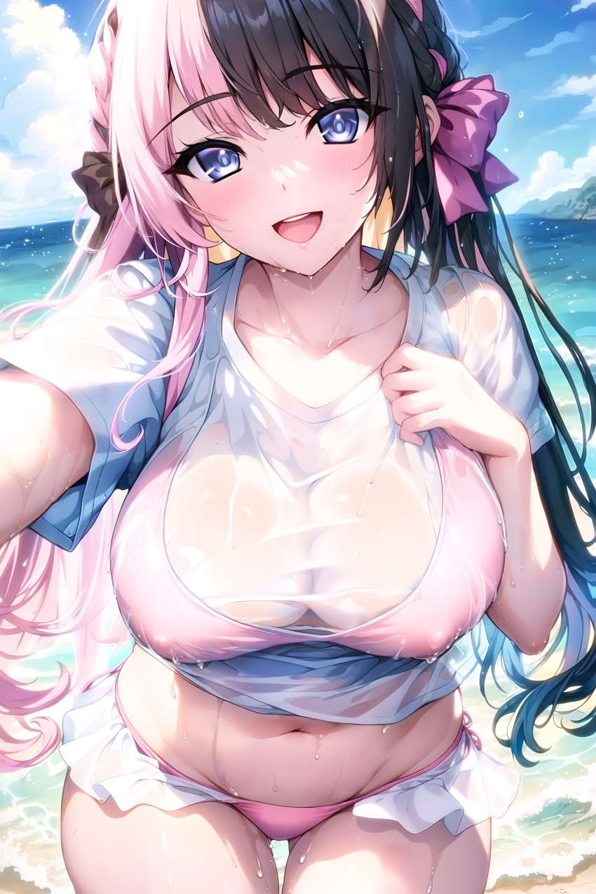 1girl absurdres beach bikini bikini_under_clothes black_hair blue_eyes bow breasts collarbone covered_nipples cowboy_shot day frilled_bikini frills hair_bow hand_up highres large_breasts long_hair looking_at_viewer multicolored_hair navel open_mouth outdoors outstretched_arm pink_bikini pink_hair see-through see-through_cleavage shirt short_sleeves smile solo split-color_hair standing stomach sugiki sunlight swimsuit tachibana_hinano_(vtuber) thighs two-tone_hair very_long_hair virtual_youtuber vspo! water wet wet_clothes wet_shirt white_shirt