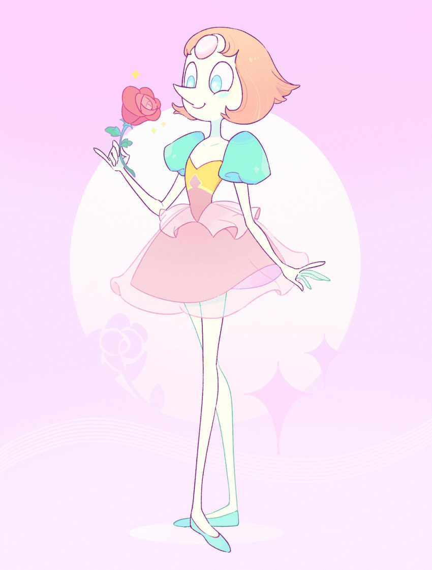 1girl blue_eyes blue_footwear blue_sleeves dress flower full_body hand_up highres holding holding_flower hua_hua_de_meme orange_hair pearl_(steven_universe) pink_background pink_dress puffy_short_sleeves puffy_sleeves red_flower red_rose rose short_sleeves smile solo steven_universe