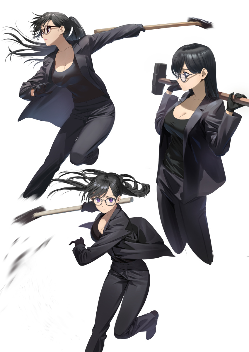 1girl absurdres black-framed_eyewear black_footwear black_gloves black_hair black_jacket black_pants black_tank_top breasts cleavage closed_mouth commentary cropped_legs floating_hair glasses gloves hair_down hammer highres holding holding_hammer jacket large_breasts long_hair long_sleeves looking_ahead looking_at_viewer minakata_hizuru mole mole_under_mouth motion_blur multiple_views open_mouth pants ponytail purple_eyes sideways_mouth simple_background sledgehammer straight_hair suit_jacket summertime_render swept_bangs tank_top v-shaped_eyebrows wasabi60 white_background