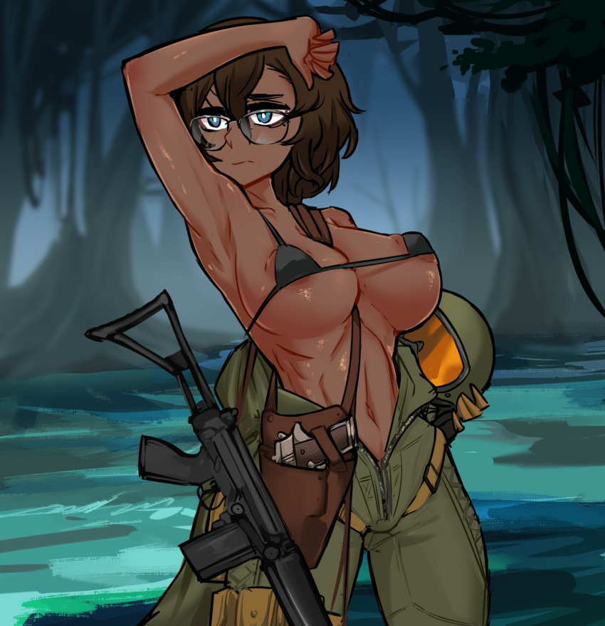 1girl battle_rifle bikini black_bikini blair_parker_(wibber_rose) blue_eyes brown_hair centurii-chan_(artist) commission cowboy_shot fn_fal glasses gun hand_on_own_forehead handgun helmet highres holding holding_helmet holster jungle m1911 messy_hair micro_bikini nature original partially_unzipped pilot_suit rifle second-party_source shiny_skin short_hair swimsuit toned weapon