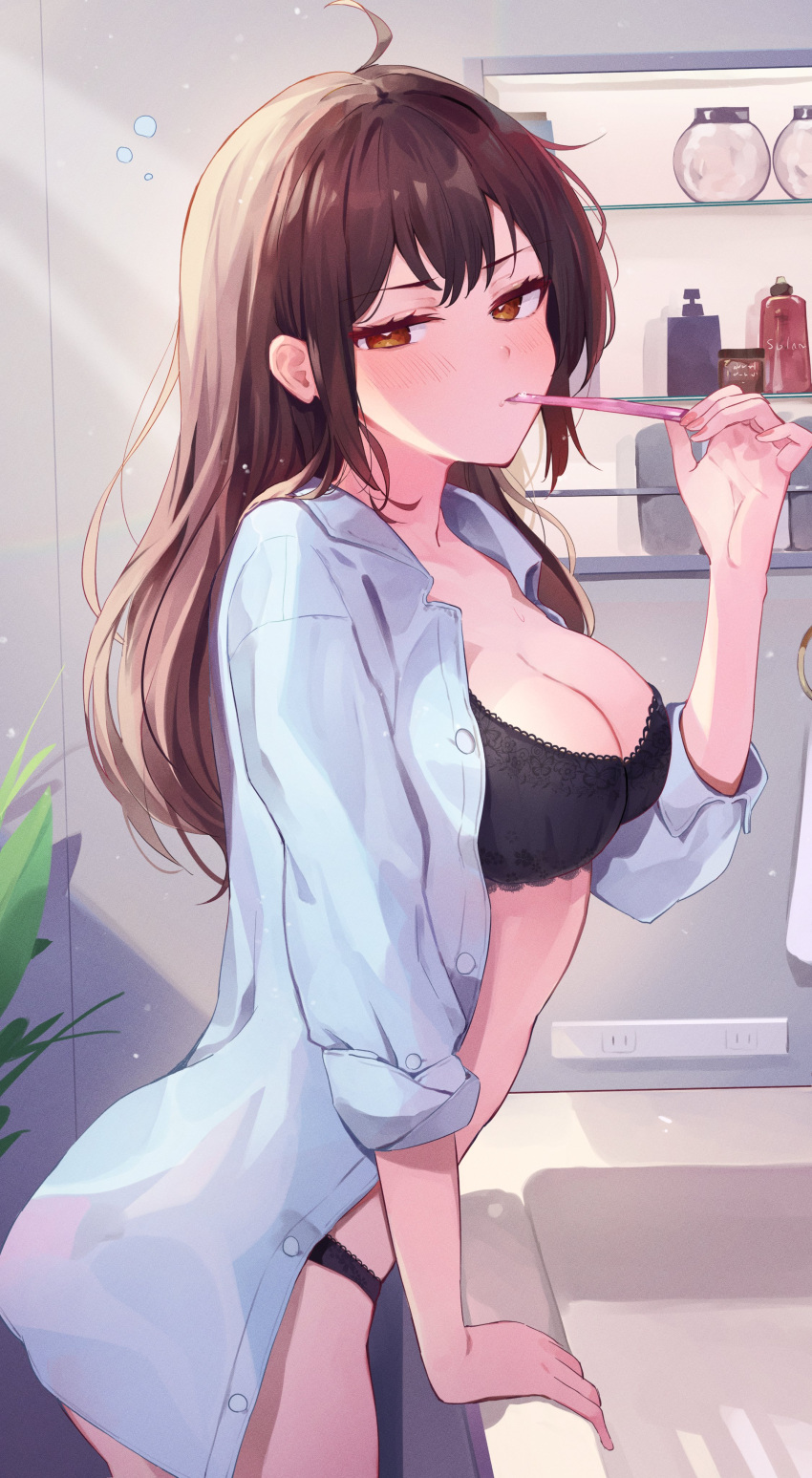 1girl absurdres ahoge arm_support black_bra black_panties blush bra breasts brown_eyes brown_hair cleavage closed_mouth collared_shirt commentary_request dress_shirt from_side half-closed_eyes hand_up highres indoors long_hair long_sleeves looking_at_viewer looking_to_the_side medium_breasts nail_polish open_clothes open_shirt original panties pink_nails racchi. shirt sink sleepy solo underwear white_shirt