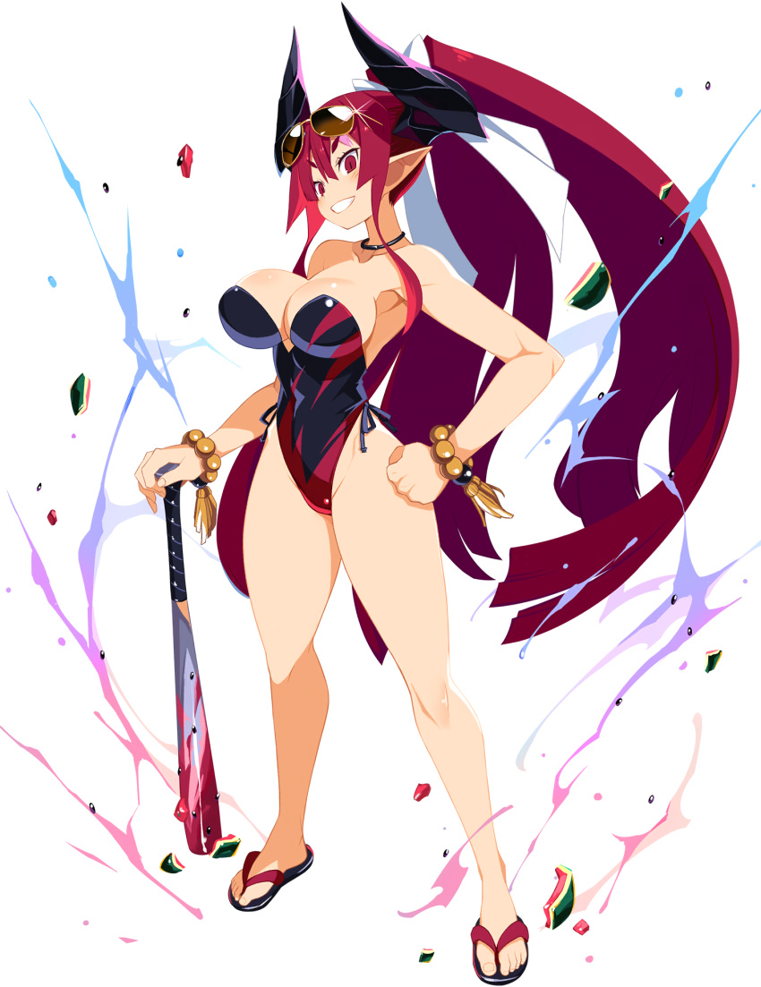 1girl baseball_bat breasts choker cleavage demon_girl demon_horns disgaea disgaea_rpg exploding_watermelon_challenge eyewear_on_head food fruit full_body grin hand_on_own_hip higan_zesshousai high_ponytail highres holding holding_baseball_bat horns huge_breasts long_hair non-web_source official_art pointy_ears red_eyes red_hair sandals smile solo standing strapless strapless_swimsuit sunglasses swimsuit very_long_hair watermelon