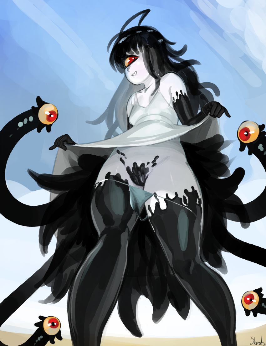 1girl absurdres ahoge artist_name black_hair blush breasts clothes_lift colored_sclera colored_skin commentary commission cyclops dress dress_lift english_commentary extra_eyes feet_out_of_frame gazer_(monster_girl_encyclopedia) grey_skin grin highres long_hair looking_at_viewer monster_girl monster_girl_encyclopedia one-eyed panties panty_pull red_eyes sharp_teeth simple_background skrats smile solo tail teeth tentacles underwear white_dress yellow_sclera