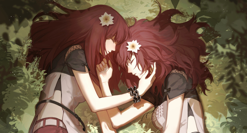 2girls bare_arms belt black_dress blush breasts chinese_commentary closed_eyes commentary devola dress fishnet_cutout flower from_above from_side hair_flower hair_ornament hand_on_another's_cheek hand_on_another's_face heads_together highres long_hair lying multiple_girls nier:automata nier_(series) nose_blush on_grass on_side pants plant popola profile red_hair red_pants scrunchie short_sleeves shuangtang_shuimu siblings side_slit sisters sleeping small_breasts straight_hair twins two-tone_dress upper_body white_belt white_dress wrist_scrunchie yellow_flower