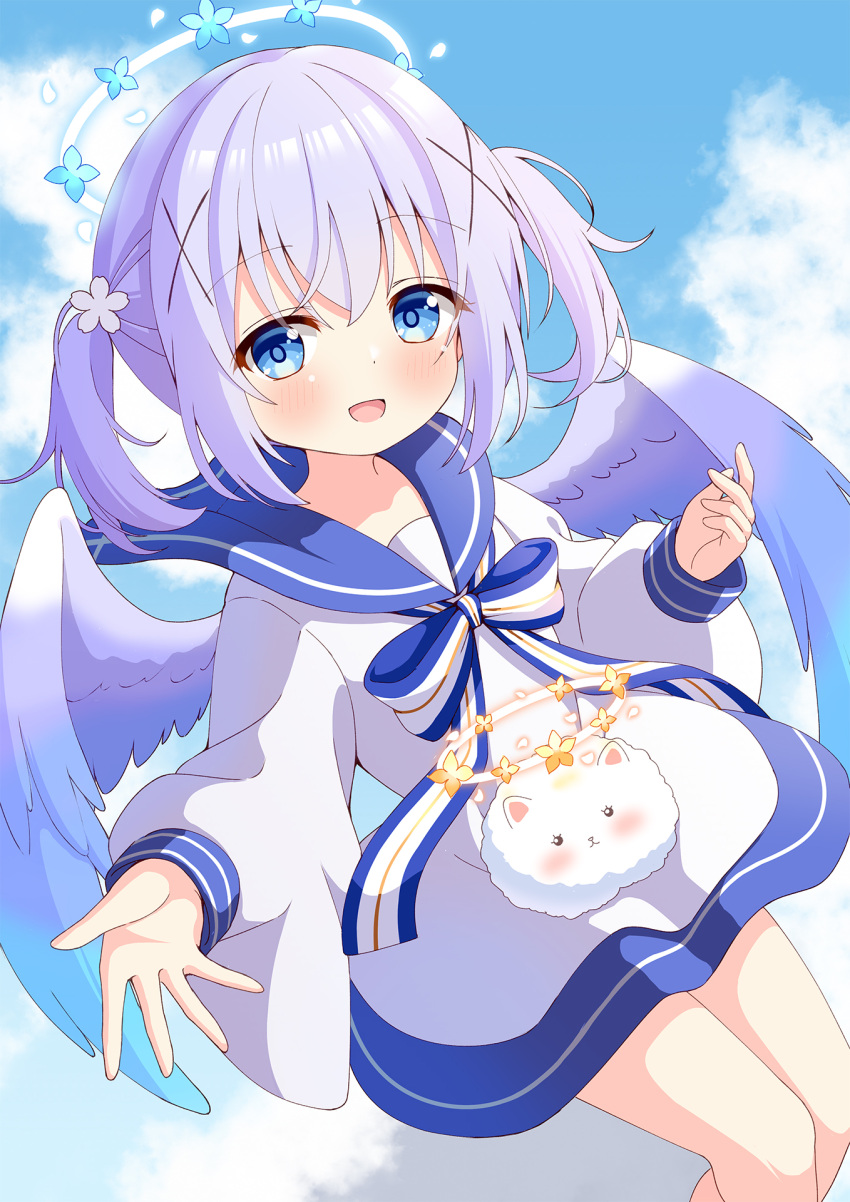 1girl azel_(laevateinn495) blue_bow blue_eyes blue_halo blue_sailor_collar blush bow commentary_request dress feathered_wings feet_out_of_frame gochuumon_wa_usagi_desu_ka? hair_ornament halo highres kafuu_chino long_sleeves looking_at_viewer medium_hair open_mouth puffy_long_sleeves puffy_sleeves purple_hair purple_wings reaching reaching_towards_viewer sailor_collar sailor_dress short_dress solo tippy_(gochiusa) twintails two-tone_bow white_bow white_dress wings x_hair_ornament