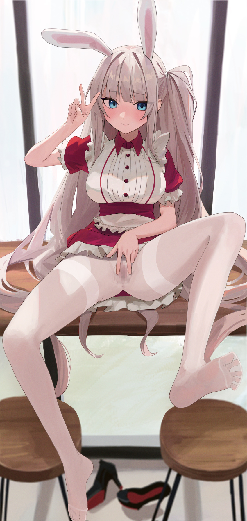 1girl absurdres albino_girl_(chukibabo2) animal_ears apron blue_eyes blush breasts censored collared_dress commission desk dress feet frilled_dress frills hand_up high_heels highres large_breasts leg_up legs long_hair looking_at_viewer minn_(kangjm1107) mosaic_censoring no_shoes on_desk one_side_up original pantyhose rabbit_ears red_dress shoes shoes_removed short_dress short_sleeves sitting sitting_on_desk smile solo spread_legs spread_pussy_under_clothes spread_toes stool thighband_pantyhose toes v very_long_hair waist_apron white_hair white_pantyhose