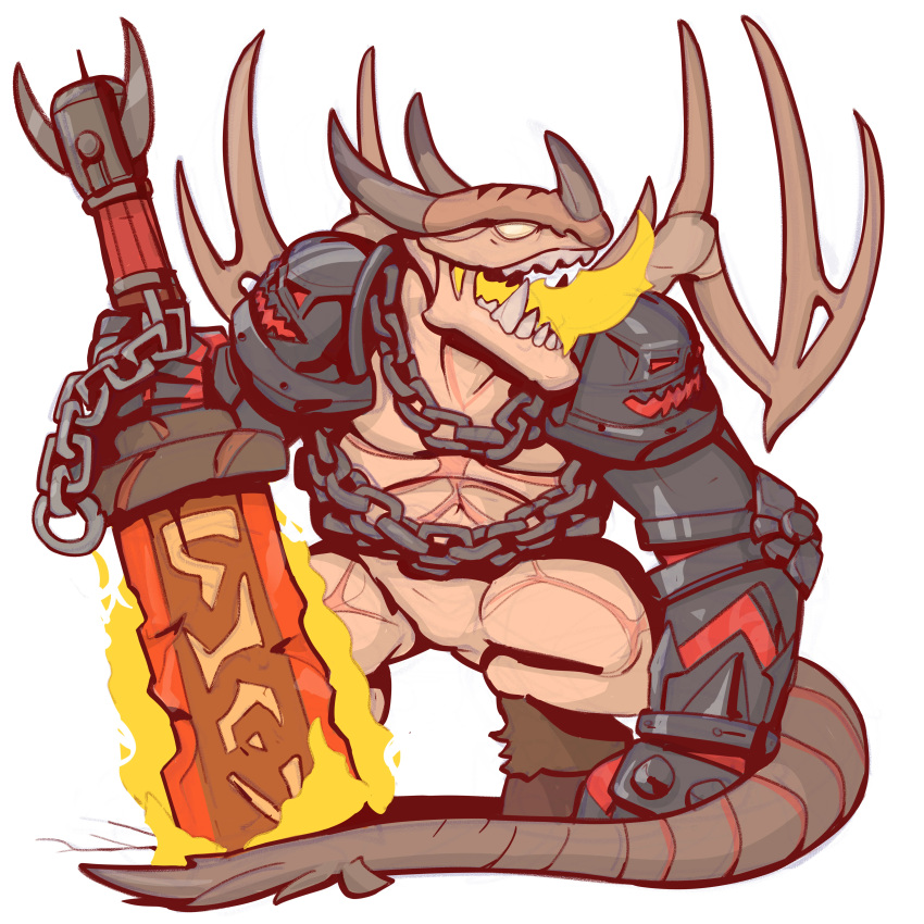 1:1 2022 absurd_res accessory armor armwear athletic athletic_male back_wings bared_teeth belly belly_markings belt bottomless breath_powers broken_sword brown_body brown_fur brown_hair brown_hooves chain chain_accessory chest_markings chest_wraps clothed clothing couter crouching demon demonic digital_drawing_(artwork) digital_media_(artwork) elemental_manipulation fangs featureless_crotch fire fire_breathing fire_manipulation flaming_sword full-length_portrait fur gauntlets gloves grey_horn grey_tail hair hairy_legs hand_on_ground handwear heroes_of_might_and_magic heroes_of_might_and_magic_5 hi_res holding_object holding_weapon hooves horn leg_markings long_tail looking_aside looking_away male markings melee_weapon might_and_magic monotone_body monotone_fur monotone_hair monotone_tail mostly_nude multicolored_body multicolored_horn multicolored_skin no_pupils open_mouth partially_clothed pauldron pit_fiend_(might_and_magic) pit_spawn portrait red_markings rerebrace scales scalie scar sharp_horn sharp_teeth shvedochko simple_background skeletal_wings solo standing sword tail tan_body tan_scales tan_skin tan_wings teeth teeth_showing topwear two_tone_body two_tone_horn two_tone_skin ubisoft unconvincing_armor unguligrade vambraces weapon white_background white_eyes wings wraps