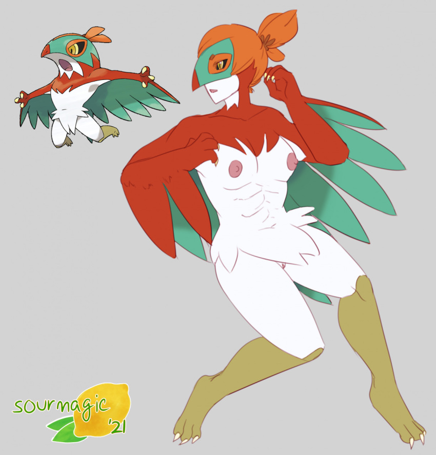 abs anthro athletic bittervow breasts claws feathers female generation_6_pokemon genitals green_body green_feathers hair hawlucha hi_res mask muscular nintendo nipples nude orange_hair pokemon pokemon_(species) pussy red_body red_feathers small_breasts solo white_body white_skin wings yellow_body yellow_eyes yellow_skin