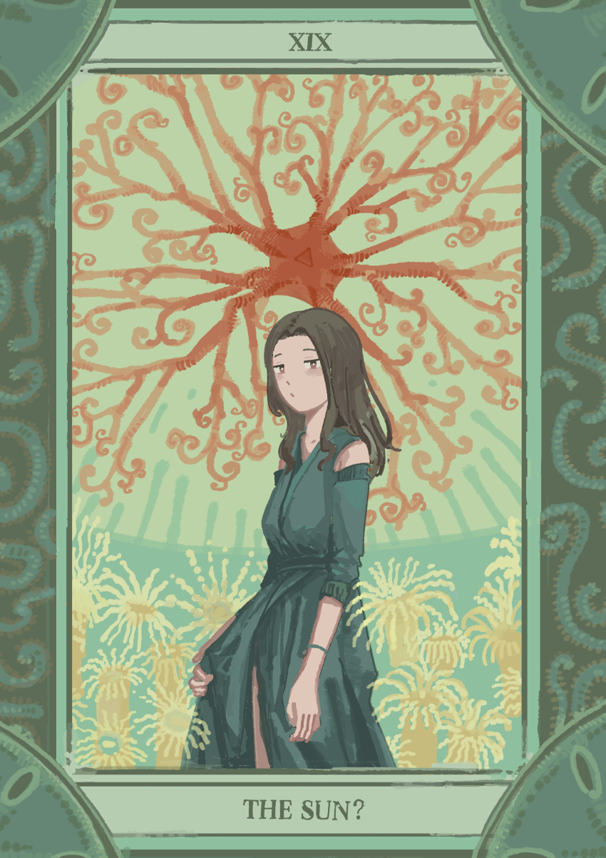 1girl absurdres bracelet brown_eyes brown_hair clothing_cutout commentary dress green_dress highres jewelry katakai light_blush long_hair looking_at_viewer original sea_anemone shoulder_cutout solo tarot the_sun_(tarot)