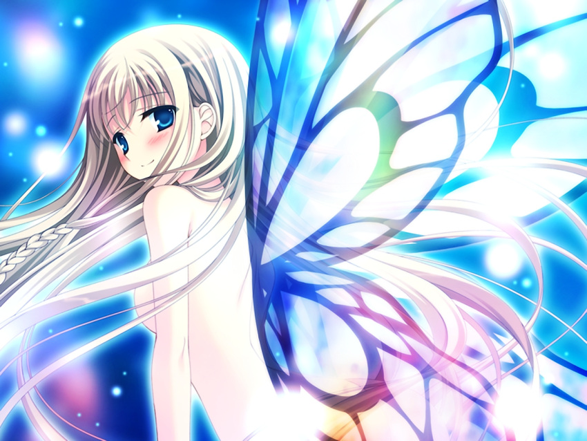 1girl blonde_hair blue_eyes blush butterfly_wings long_hair looking_at_viewer lump_of_sugar nude prism_rhythm sparkle wings