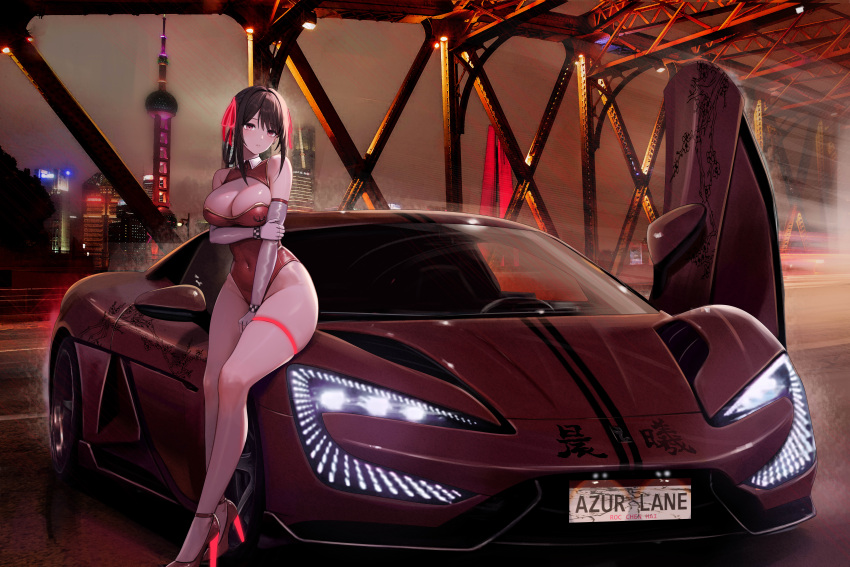 1girl absurdres alternate_costume arm_under_breasts azur_lane bare_shoulders black_hair breasts car character_name chen_hai_(azur_lane) china cityscape cleavage closed_mouth commentary copyright_name detached_sleeves elbow_gloves full_body gloves hair_ribbon high_heels highleg highleg_leotard highres kcar66t large_breasts leotard license_plate long_hair looking_at_viewer motor_vehicle night oriental_pearl_tower outdoors purple_eyes race_queen real_world_location red_leotard ribbon shanghai sitting_on_car skindentation solo thigh_strap vehicle_request