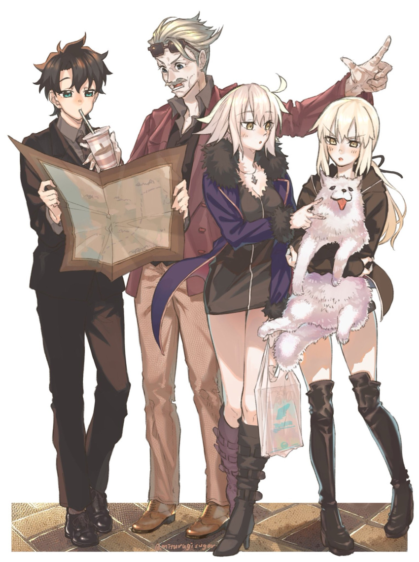 2boys 2girls artoria_pendragon_(fate) black_camisole black_dress black_footwear black_hair black_jacket black_pants black_ribbon black_shorts black_suit blonde_hair blue_coat blush boots breasts brown_jacket camisole cavall_the_2nd cleavage coat collared_shirt cup dog dress drinking_straw eyewear_on_head facial_hair fate/grand_order fate_(series) fujimaru_ritsuka_(male) fujimaru_ritsuka_(male)_(royal_brand) full_body fur-trimmed_coat fur_trim green_eyes grey_eyes grey_hair grey_shirt hair_ribbon highres jacket james_moriarty_(archer)_(fate) jeanne_d'arc_alter_(fate) jeanne_d'arc_alter_(ver._shinjuku_1999)_(fate) jewelry knee_boots large_breasts long_hair long_sleeves low_ponytail map medium_breasts mitsurugi_sugar multiple_boys multiple_girls mustache necklace necktie open_clothes open_coat open_jacket open_mouth pants ribbon saber_alter saber_alter_(ver._shinjuku_1999)_(fate) shirt short_dress short_hair shorts sidelocks suit sunglasses thigh_boots yellow_eyes