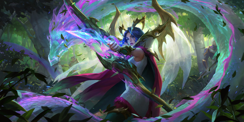 1girl arrow_(projectile) ashe_(league_of_legends) blue_eyes blue_hair bow_(weapon) cape closed_mouth dragon dress fae_dragon_ashe falling_leaves fingerless_gloves floating_hair forest gloves grass hair_ornament highres holding holding_arrow holding_bow_(weapon) holding_weapon incoming_attack kudos3d leaf league_of_legends legends_of_runeterra long_hair nature official_art outdoors parted_bangs people red_cape serious sidelocks sleeveless sleeveless_dress solo_focus standing tree weapon white_dress white_gloves wings