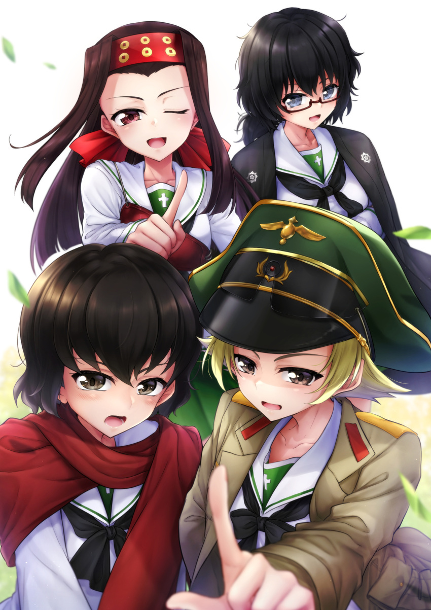 4girls black_bow black_eyes black_hair black_neckerchief blonde_hair bow brown_eyes brown_hair brown_jacket caesar_(girls_und_panzer) commentary erwin_(girls_und_panzer) frown girls_und_panzer glasses goggles goggles_on_headwear green_headwear haori hat headband highres jacket japanese_clothes leaf long_hair long_sleeves looking_at_viewer medium_hair messy_hair military_hat military_jacket mini_dang01 multiple_girls muneate neckerchief one_eye_closed ooarai_school_uniform open_clothes open_jacket open_mouth oryou_(girls_und_panzer) peaked_cap pointing pointing_at_viewer pointy_hair red-framed_eyewear red_headband red_scarf saemonza_(girls_und_panzer) sailor_collar sakamoto_clan_(emblem) sanada_clan_(emblem) scarf school_uniform semi-rimless_eyewear serafuku shirt short_hair short_ponytail smile standing straight_hair under-rim_eyewear white_sailor_collar white_shirt wind