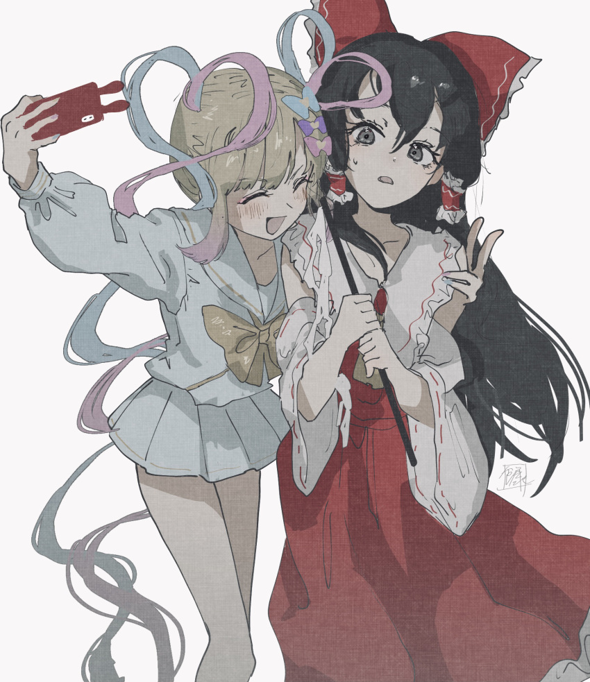 2girls :d bare_legs black_hair blonde_hair bow bowtie chouzetsusaikawa_tenshi-chan closed_eyes collarbone commentary_request d: detached_sleeves double-parted_bangs eyelashes feet_out_of_frame frilled_bow frilled_hair_tubes frilled_shirt_collar frills gohei grey_background grey_eyes hair_between_eyes hair_bow hair_tubes hakurei_reimu hand_on_another's_shoulder happy heart highres holding holding_phone holding_stick long_hair long_sleeves looking_at_another looking_to_the_side miniskirt multiple_girls needy_girl_overdose parted_lips phone pleated_skirt puffy_long_sleeves puffy_sleeves red_bow red_skirt red_vest selfie shirt short_hair_with_long_locks simple_background skirt skirt_set smile sokura_(mochichitose) stick sweat touhou very_long_hair vest white_shirt white_skirt wide_sleeves yellow_bow yellow_bowtie