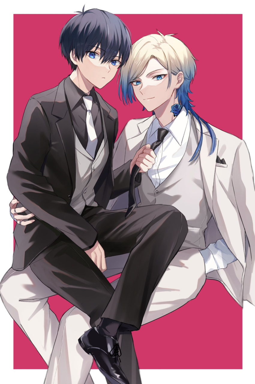 2boys black_footwear black_hair black_jacket black_necktie black_pants black_shirt black_socks blazer blonde_hair blue_eyes blue_hair blue_lock border breast_pocket buttons closed_mouth collared_shirt commentary_request eyeshadow flower_tattoo gradient_hair grey_vest hand_in_pocket highres isagi_yoichi jacket jewelry lapels long_hair long_sleeves looking_at_viewer makeup male_focus michael_kaiser moco_(1553561764583079936) multicolored_hair multiple_boys neck_tattoo necktie necktie_grab neckwear_grab notched_lapels open_clothes open_jacket outside_border pants pocket red_eyeshadow ring shirt short_hair sitting socks tattoo vest white_border white_necktie white_shirt yaoi