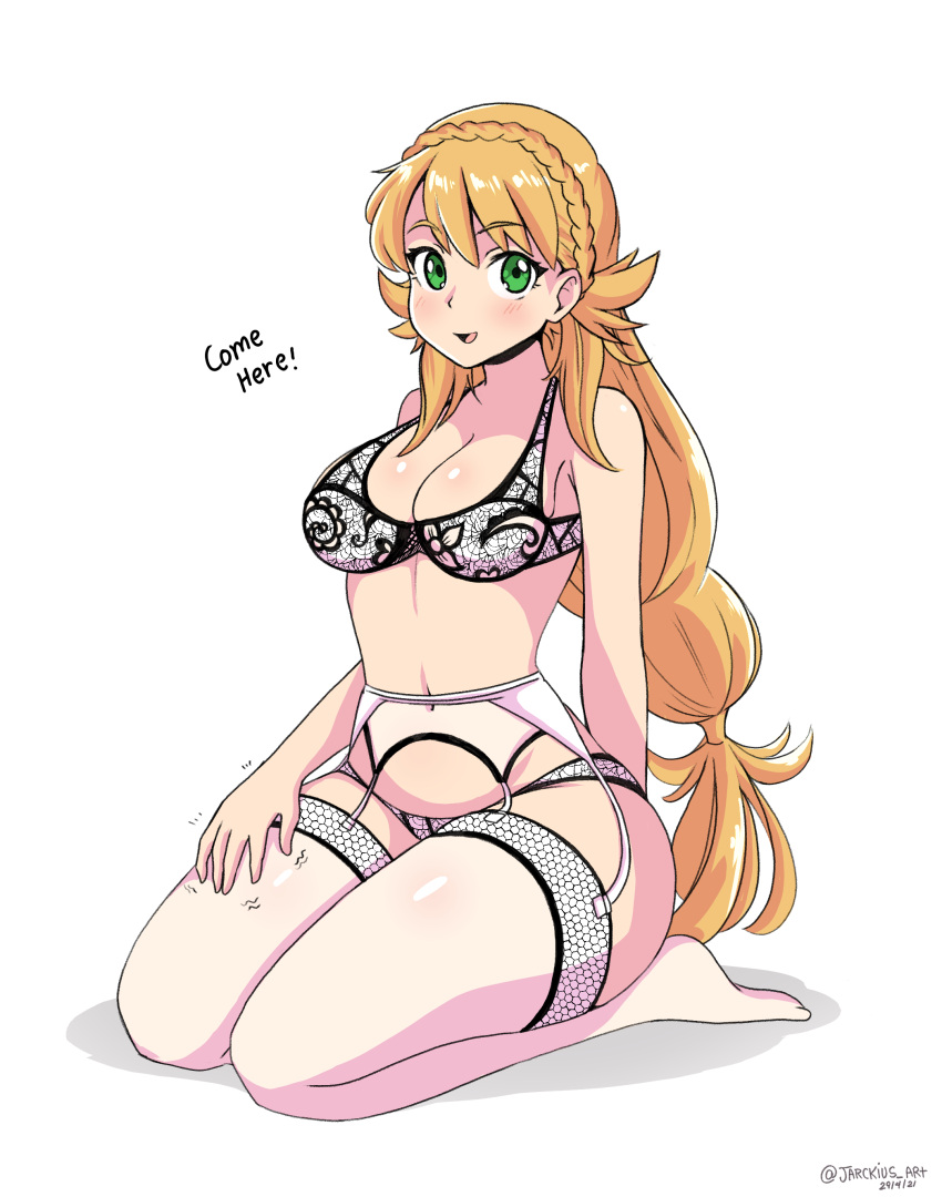 1girl absurdres blonde_hair blush bra breasts cleavage commission english_text fire_emblem fire_emblem_heroes garter_belt garter_straps green_eyes highres jarckius lap_pillow_invitation lingerie looking_at_viewer medium_breasts no_shoes open_mouth panties sharena_(fire_emblem) solo thighhighs underwear white_bra white_panties white_thighhighs