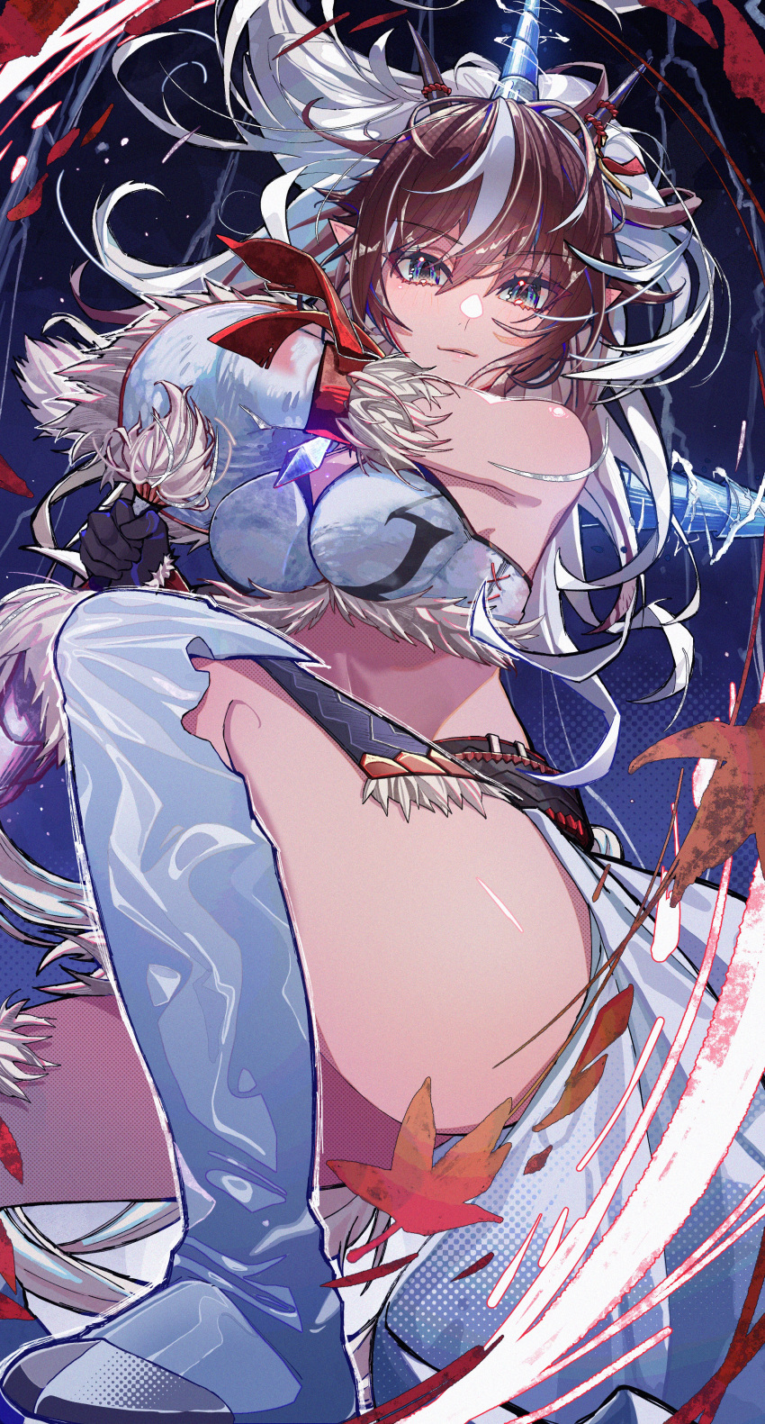1girl absurdres arknights belt black_belt blue_eyes boots breasts brown_hair closed_mouth commentary_request crop_top fake_horns highres horns kirin_(armor) kirin_r_yato_(arknights) large_breasts long_hair looking_at_viewer midriff monge_baby monster_hunter_(series) multicolored_hair short_sword single_sleeve solo sword thigh_boots thighs weapon yato_(arknights)