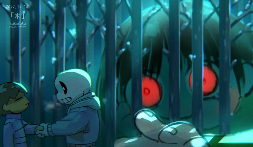 1boy 2others artist_name black_hair blue_jacket blue_shirt chara_(undertale) child closed_eyes closed_mouth dated evil_smile frisk_(undertale) highres holding_hands hood hood_down hooded_jacket jacket korokor59513559 looking_at_another multiple_others reaching red_eyes sans shirt short_hair skeleton smile teeth twitter_username undertale