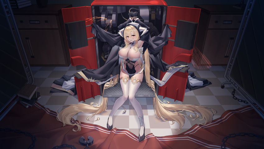 1girl absurdly_long_hair absurdres arms_behind_head arms_up azur_lane bare_shoulders black_footwear black_gloves blonde_hair book book_stack bound bound_wrists breast_cutout breasts chain checkered_floor cleavage cuffs fake_horns full_body gloves habit hair_between_eyes half_gloves highres horns huge_breasts implacable_(azur_lane) indoors jfzm001 long_hair looking_at_viewer nun pelvic_curtain red_carpet red_eyes restrained revealing_clothes shackles shoes solo stationary_restraints thighhighs veil very_long_hair white_horns white_thighhighs