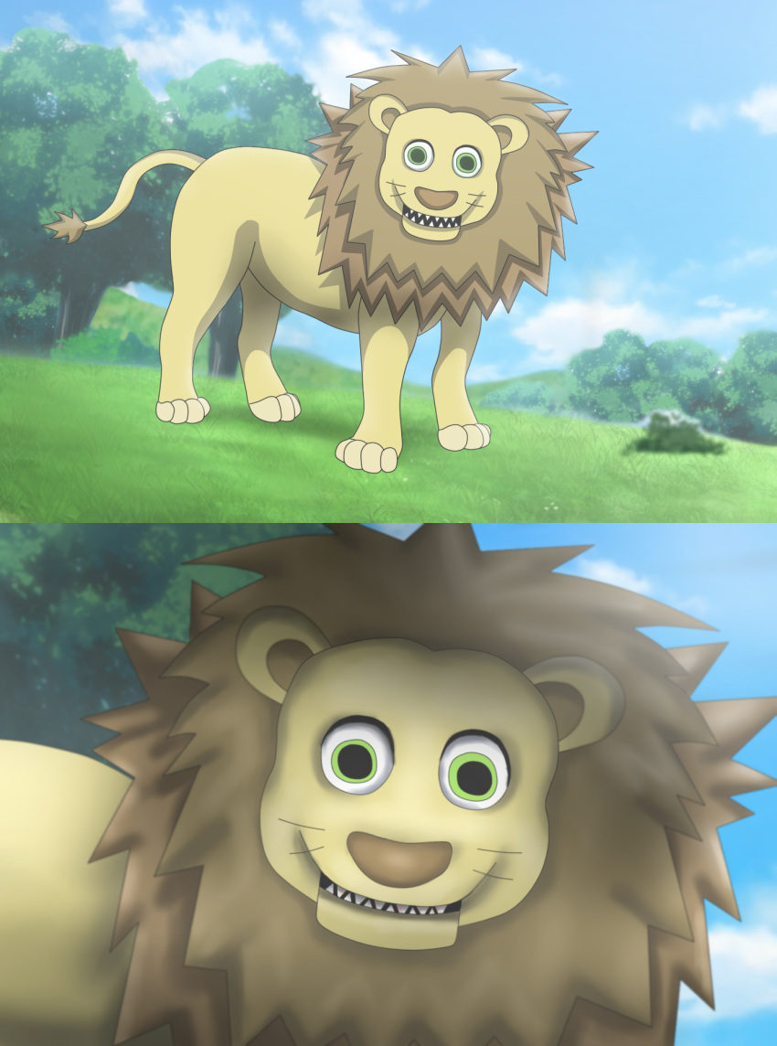 ambiguous_gender close-up creepy death_stare empty_eyes expressionless felid green_eyes grin hi_res lion lion_(teletubbies) looking_at_viewer mammal mane outside pantherine plant sharp_teeth smile teeth teletubbies tree unsettling xamp6