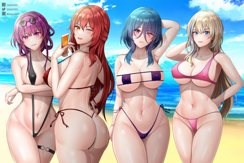 absurdres beach bikini blonde_hair breasts cleavage ddg3420 highres himeko_(honkai:_star_rail) honkai:_star_rail honkai_(series) kafka_(honkai:_star_rail) light_purple_hair natasha_(honkai:_star_rail) red_hair serval_landau sexy_beach swimsuit