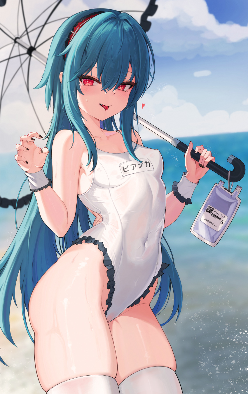 1girl absurdres bare_shoulders bianca_(black_survival) black_nails black_survival blue_hair claw_pose cloud covered_navel covered_nipples dasi_(kwts3227) day eternal_return:_black_survival frilled_one-piece_swimsuit frilled_umbrella frills hair_between_eyes hairband highres holding holding_umbrella horizon long_hair looking_at_viewer name_tag ocean one-piece_swimsuit outdoors red_eyes sidelocks solo swimsuit thighhighs tongue tongue_out umbrella white_one-piece_swimsuit white_thighhighs