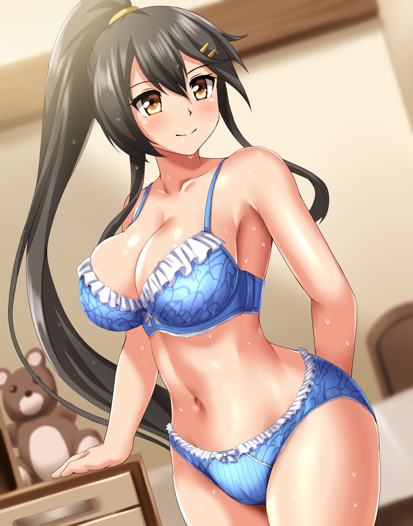 1girl absurdres bed black_hair blue_bra blue_panties bra breasts brown_eyes cleavage commission covered_navel cowboy_shot drawer dutch_angle frilled_bra frilled_panties frills hair_ornament hairclip haruna_(kancolle) highres kantai_collection large_breasts long_hair panties pixiv_commission smile solo standing stuffed_animal stuffed_toy teddy_bear underwear underwear_only wet zanntetu