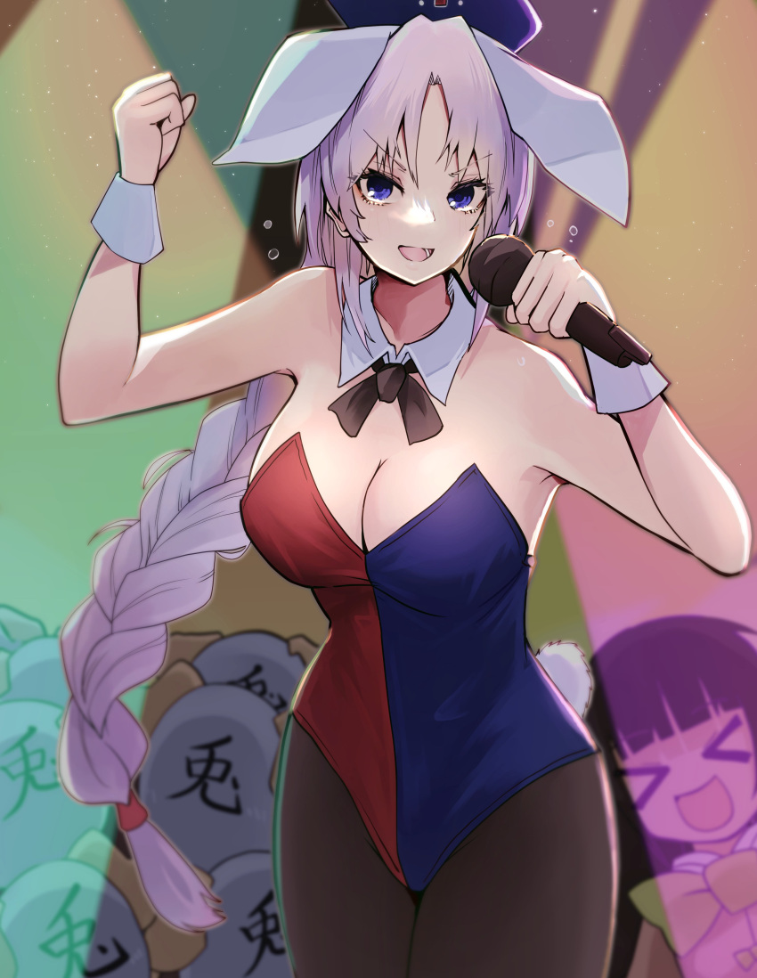 &gt;_&lt; 2girls absurdres animal_ears black_pantyhose blue_headwear blue_leotard braid braided_ponytail breasts cleavage commentary_request detached_collar grey_hair hat highres holding holding_microphone houraisan_kaguya large_breasts leotard long_hair microphone multiple_girls nurse_cap pantyhose playboy_bunny rabbit_ears rabbit_tail red_leotard sin_sack solo_focus stage_lights tail touhou two-tone_leotard yagokoro_eirin yagoro_kusuriya