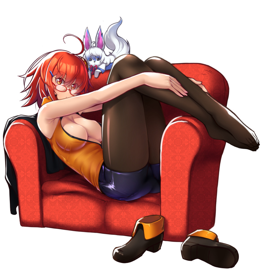 1girl ahoge bare_arms black_pantyhose blue_shorts breasts brown_eyes cleavage couch fate/grand_order fate_(series) fou_(fate) from_side fujimaru_ritsuka_(female) full_body glasses hair_ornament hairclip highres large_breasts legwear_under_shorts long_hair looking_at_viewer looking_over_eyewear lying on_back open_clothes open_shirt pantyhose red-framed_eyewear red_hair shirt short_shorts shorts sleeveless sleeveless_shirt solo taru_neko yellow_shirt