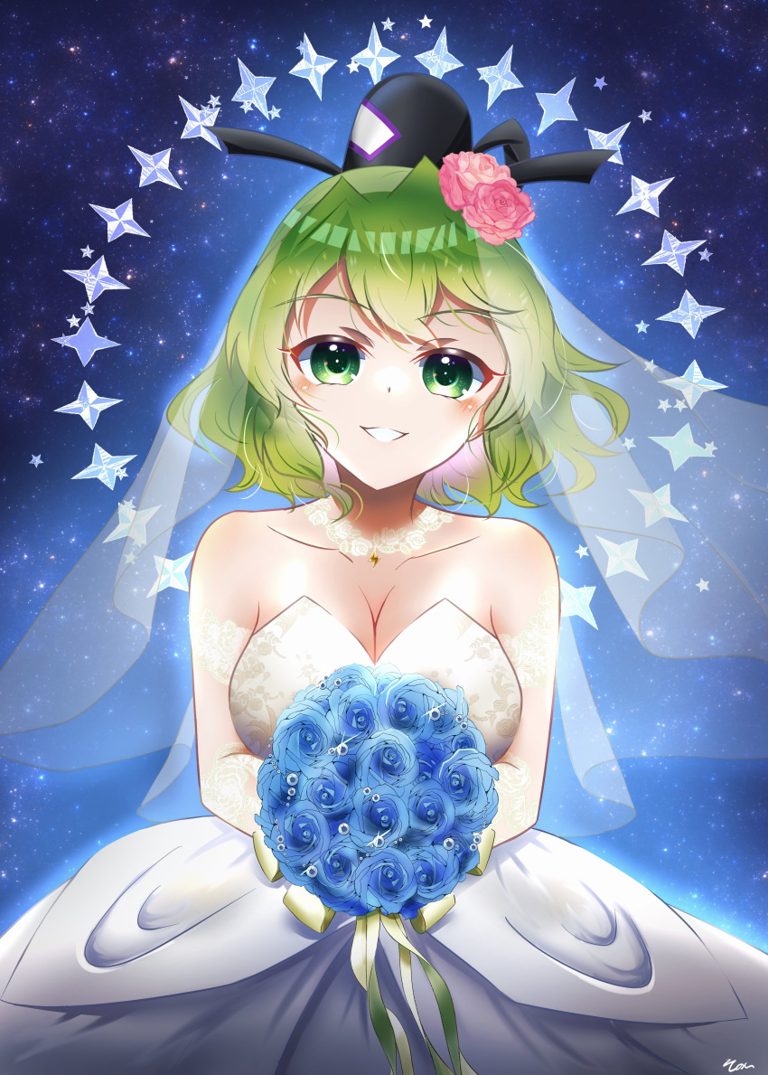 1girl absurdres black_headwear bouquet breasts bridal_veil cleavage commentary dress flower green_eyes green_hair hair_flower hair_ornament hat highres holding holding_bouquet large_breasts outdoors pink_flower short_hair signature soga_no_tojiko solo tate_eboshi touhou upper_body veil wedding_dress white_dress yuriri2001