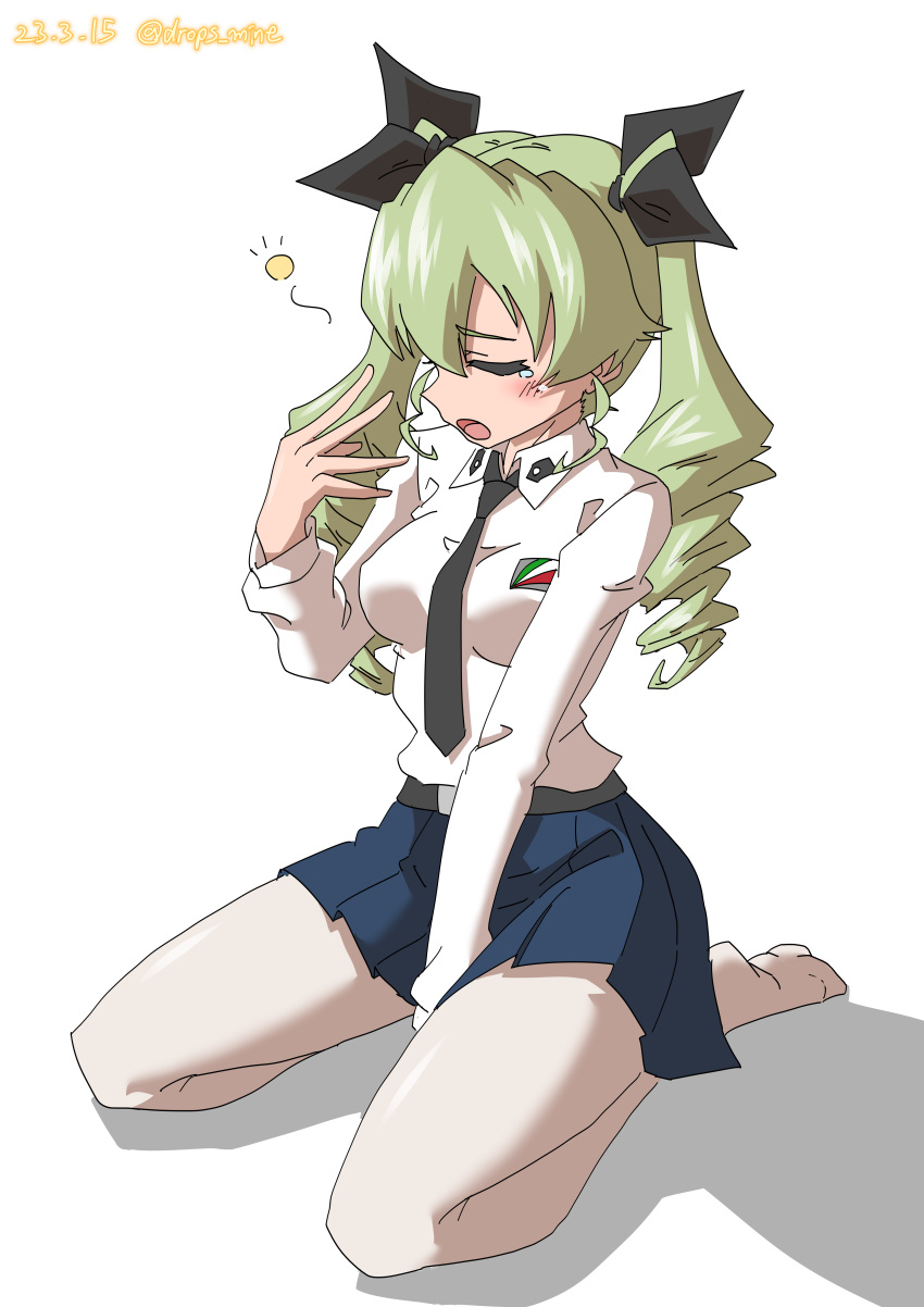 1girl absurdres anchovy_(girls_und_panzer) anzio_school_uniform belt black_belt black_necktie black_ribbon blue_skirt closed_eyes commentary dated dress_shirt drill_hair drops_mint emblem girls_und_panzer green_hair hair_ribbon highres kneeling long_hair long_sleeves miniskirt necktie no_shoes open_mouth pantyhose pleated_skirt ribbon school_uniform shadow shirt skirt solo tearing_up twin_drills twintails twitter_username white_pantyhose white_shirt wing_collar yawning