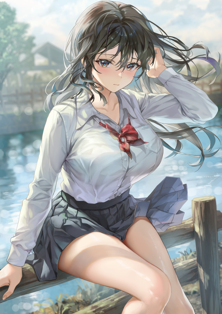 1girl black_hair black_skirt blush bow bowtie breasts brown_eyes closed_mouth collarbone collared_shirt commentary_request hand_in_own_hair hand_up highres large_breasts long_sleeves looking_at_viewer original outdoors pleated_skirt red_bow red_bowtie sage_joh shirt shirt_tucked_in sitting skirt thighs white_shirt