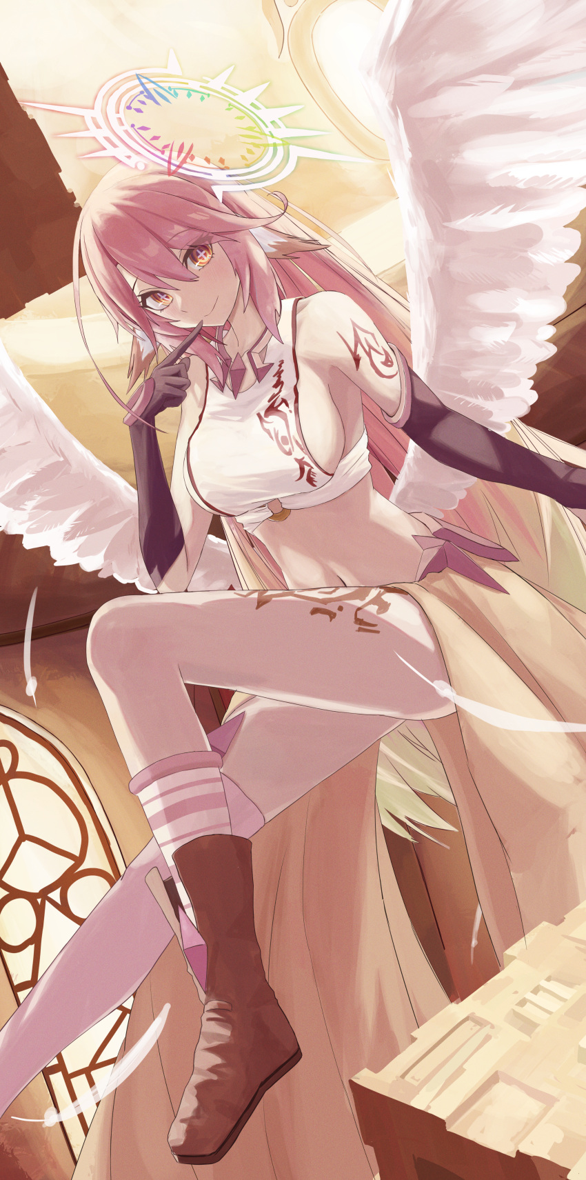+_+ 1girl absurdres angel angel_wings asymmetrical_legwear bare_shoulders boots breasts bridal_gauntlets brown_footwear closed_mouth collarbone colored_skin commentary compass_rose_halo crop_top elbow_gloves feathered_wings finger_to_mouth gloves gradient_hair hair_between_eyes halo hand_up highres indoors jibril_(no_game_no_life) knee_boots kneehighs large_breasts leg_tattoo long_hair long_skirt looking_at_viewer low_wings midriff mismatched_legwear muginosa multicolored_hair navel no_game_no_life pink_hair pink_thighhighs purple_gloves shirt shoulder_tattoo sideboob sidelocks single_bridal_gauntlet single_kneehigh single_sock single_thighhigh skirt sleeveless sleeveless_shirt smile socks solo symbol-shaped_pupils tattoo thighhighs very_long_hair white_shirt white_wings window wing_ears wings yellow_eyes yellow_skin