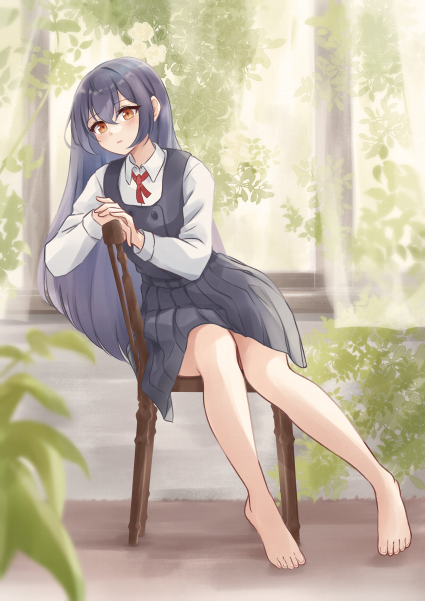 1girl absurdres barefoot blue_dress blue_hair blurry blurry_background blurry_foreground brown_eyes collared_shirt commission depth_of_field dress feet free_palet full_body hair_between_eyes highres knees_together_feet_apart kohinata_kuon leaning_to_the_side legs long_hair long_sleeves original outdoors pleated_dress second-party_source shirt short_dress sidelocks sitting solo toenails toes white_shirt