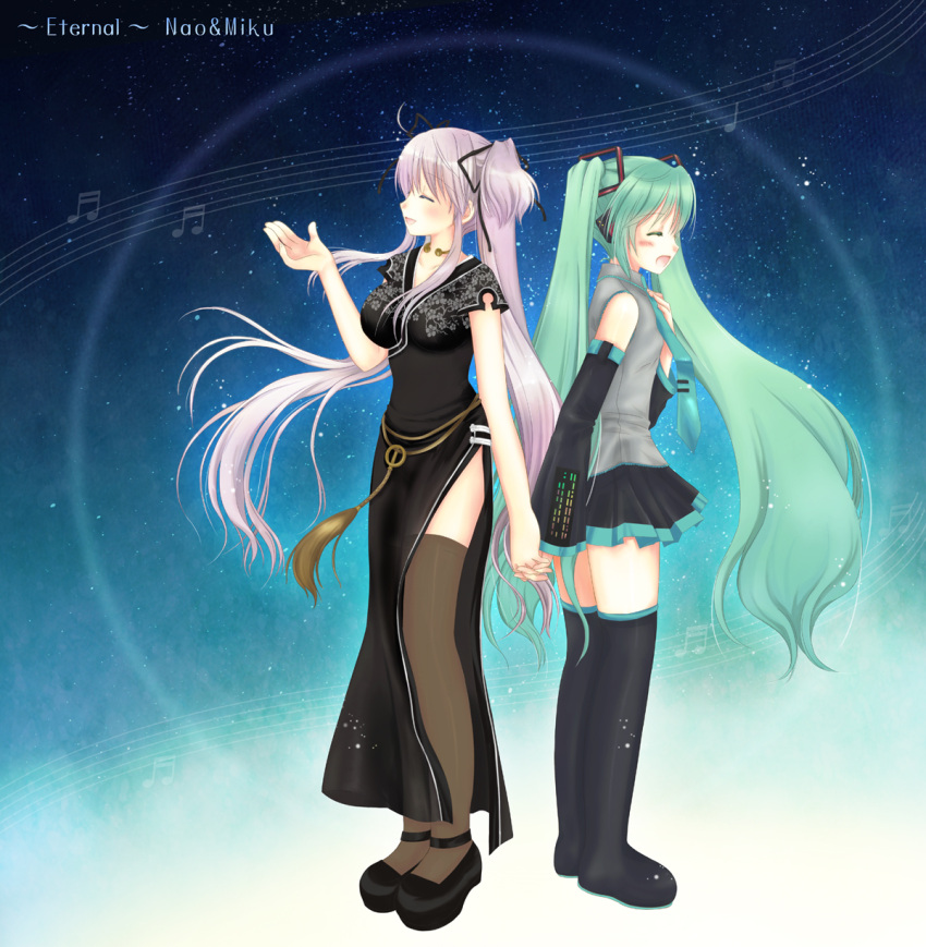 2girls :d ^_^ ahoge aqua_hair back-to-back black_dress black_footwear black_ribbon black_skirt black_sleeves black_thighhighs blue_necktie boots breasts brown_thighhighs china_dress chinese_clothes closed_eyes collarbone crossover detached_sleeves dress floral_print full_body grey_hair grey_shirt hair_ribbon hand_on_own_chest hand_up hatsune_miku highres interlocked_fingers jewelry long_hair long_sleeves mabinogi medium_breasts miniskirt multiple_girls musical_note nao_(mabinogi) neck_ring necktie open_mouth print_dress ribbon shararan shirt shoes side_slit sidelocks skirt smile staff_(music) standing thigh_boots thighhighs twintails very_long_hair vocaloid zettai_ryouiki